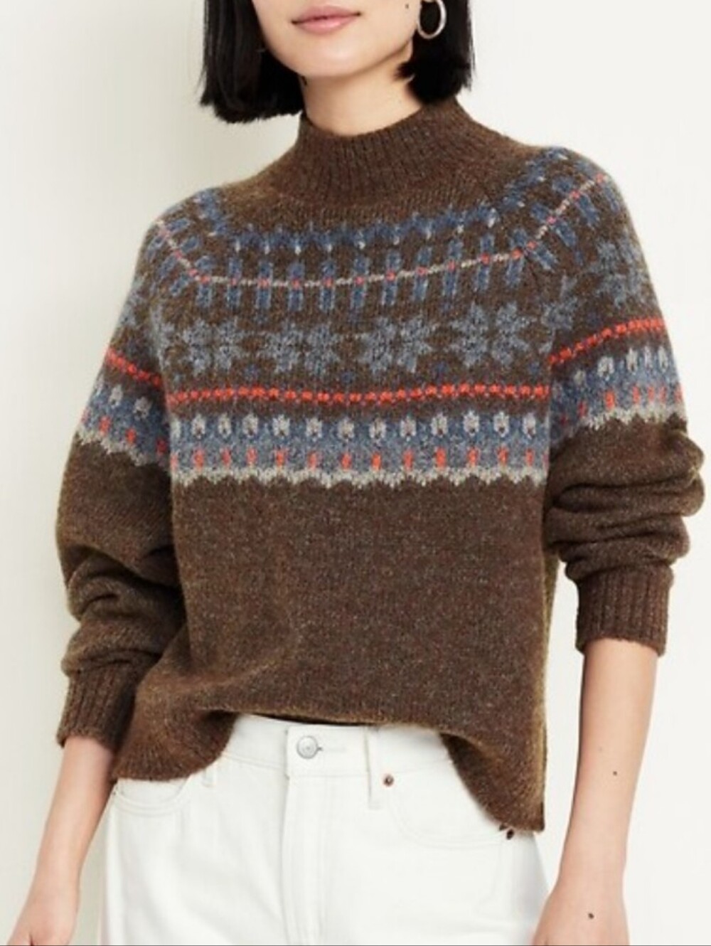 Old Navy Womens Fair Isle Mock Neck Sweater Holiday Wool Blend Size L Cabincore